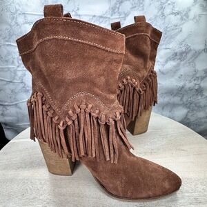 ALDO Kycia Fringe Suede Western Ankle Boots Women's Size 9 Brown Block Heel